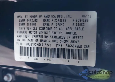 2016 Acura Tlx z USA, uszkodzony, nr VIN 19UUB1F3XGA015243